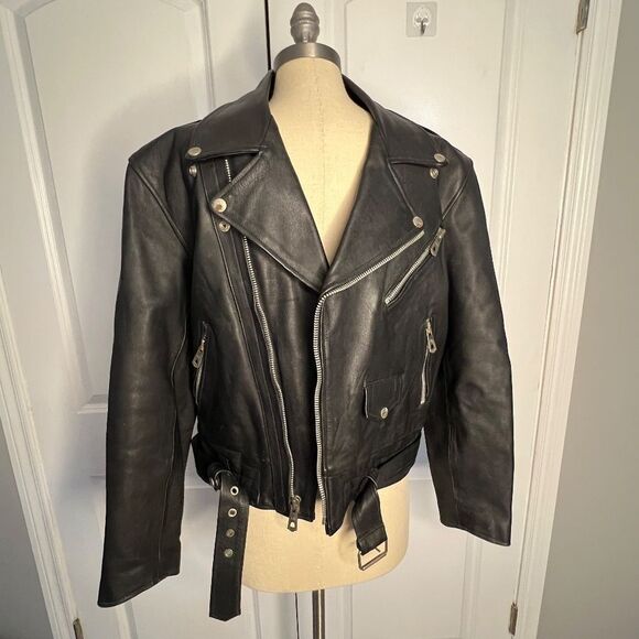 Ripples 90's Vintage Black Leather Moto Jacket Size 42 - Picture 3 of 13